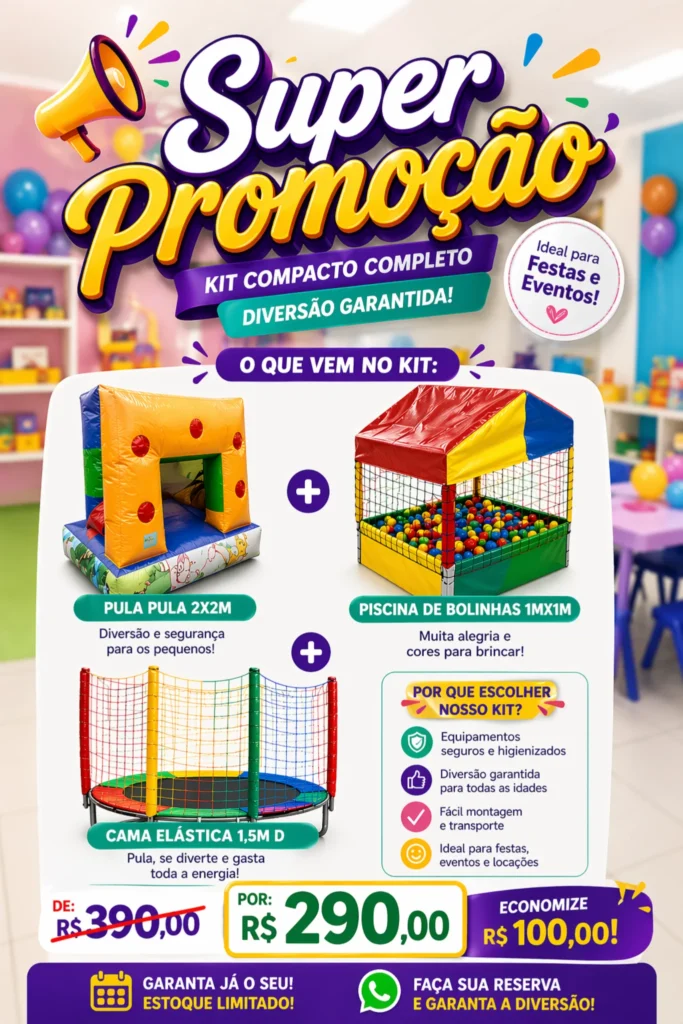 Kit compacto com 3 brinquedos para locação em São Paulo – pula-pula, piscina de bolinhas e escorregador